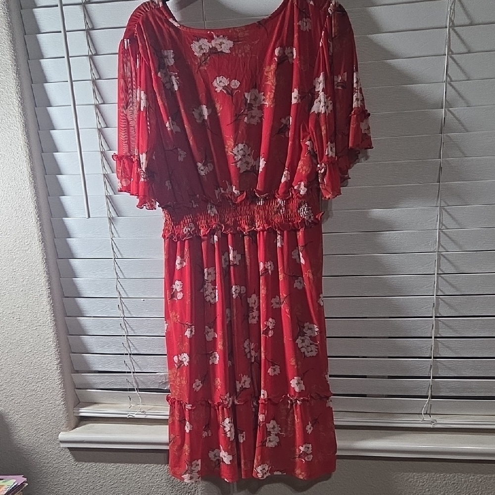 Indigo Rose Red Floral Midi Dress with Smocked Waist - Picture 7 of 8